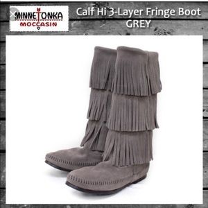 Minnetonka grey fringe boots